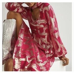 Anthropologie Hemant & Nandita Metallic Maxi Dress Pink & Gold Size 4 NWT $435